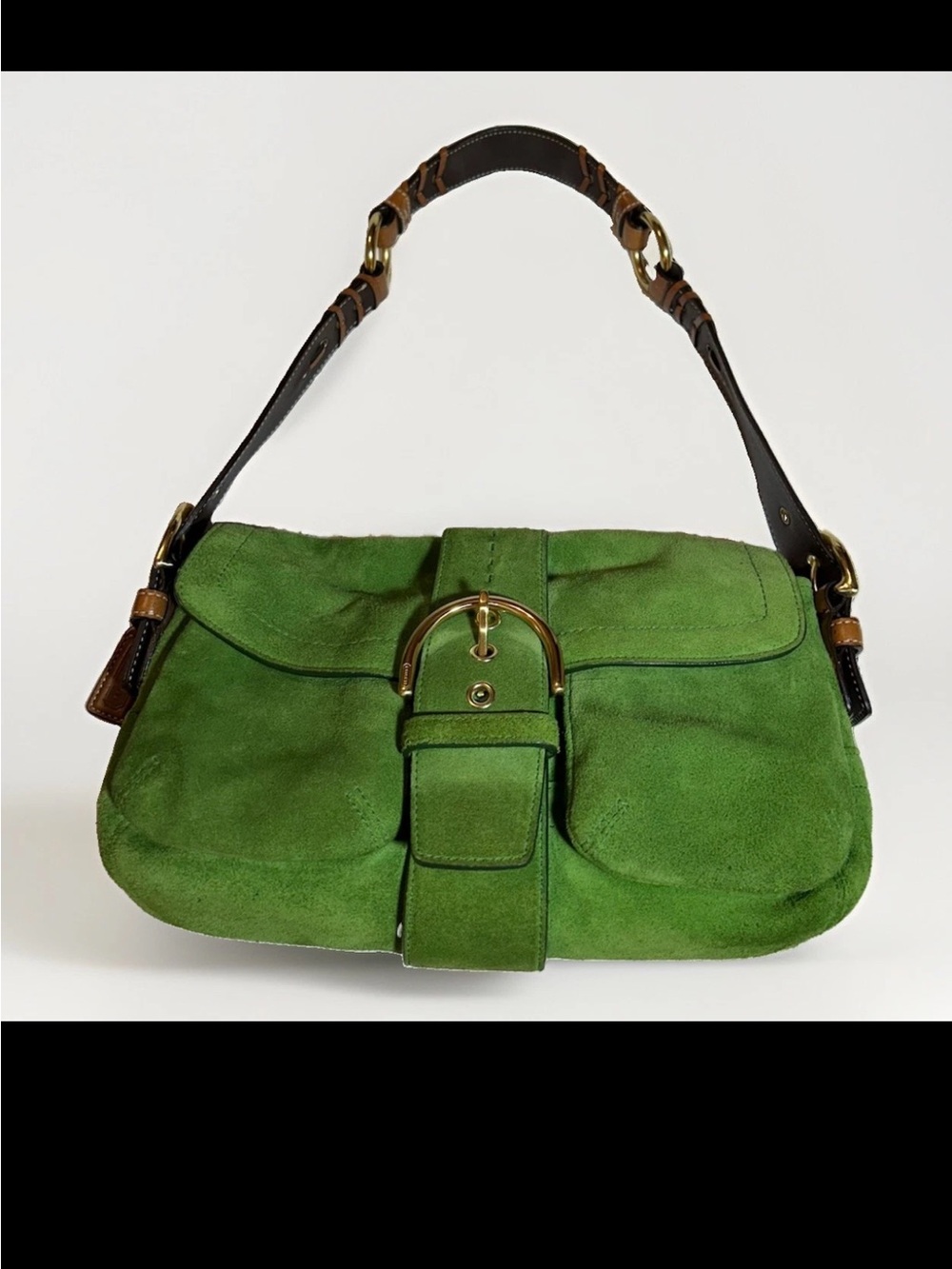 Coach Soho Flap Shoulder Bag, Green Split Suede, Brown Corset Laced Strap 2004